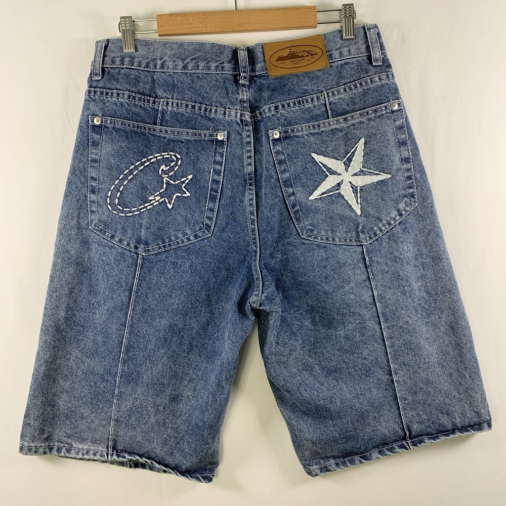 Corteiz Mens C-Star Y2K Embroidered Button Fly Long Shorts Sz M Skater Jorts